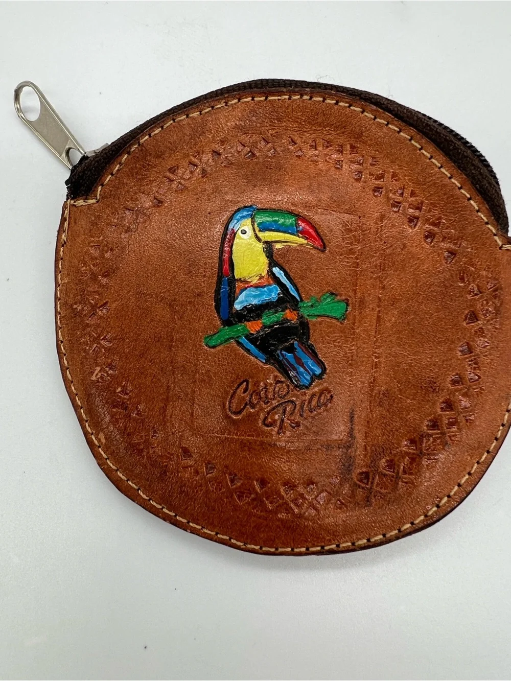 Leather Coin Pouch with Toucan Motif - Costa Rica Brown
